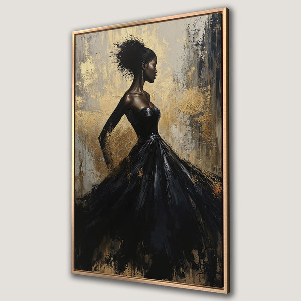 Framed Wall Art: Elegant woman in black dress, abstract style with gold and black tones. Perfect for modern home decor. Canvas Print.