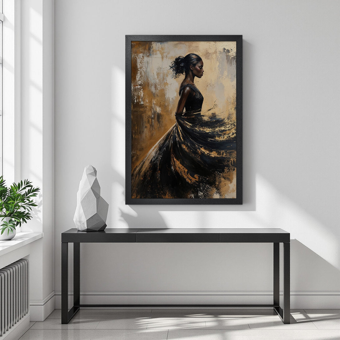 Framed Poster of a forest scene with golden trees. Modern art style with a warm gold and black color palette. Perfect wall decor.