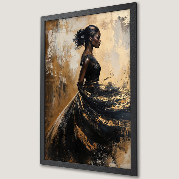 Framed Poster featuring a forest scene with golden trees, in a black and gold color palette. Perfect wall art!