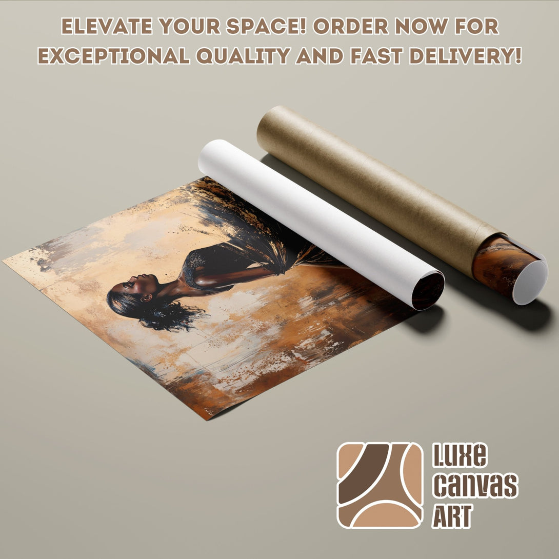 Poster Roll of an abstract autumn forest art print, featuring warm orange and black tones. Elevate your space!