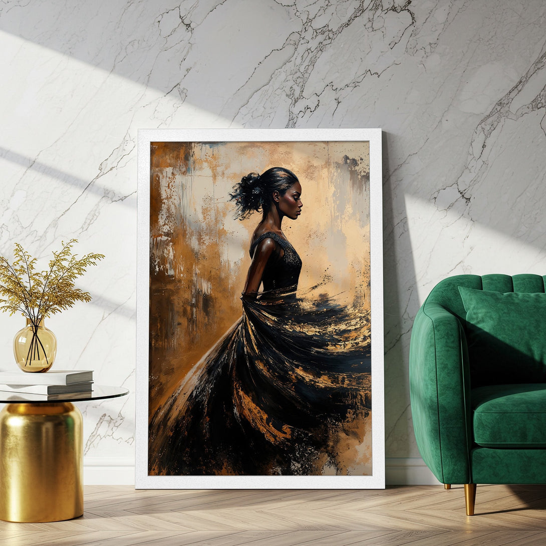 Framed Poster featuring an abstract forest scene with orange and black trees. Modern art print in a warm color palette.