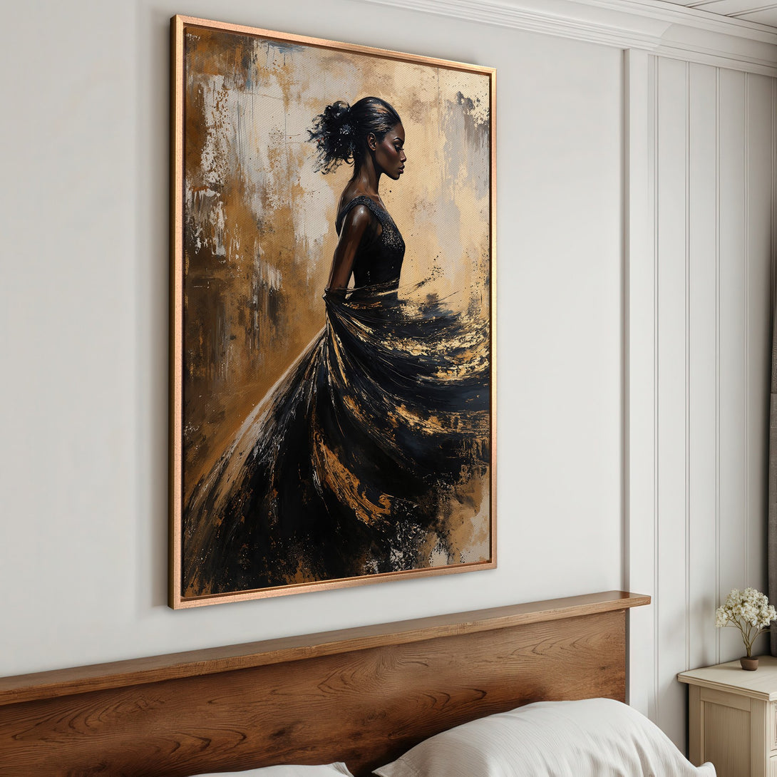 Framed Wall Art: Abstract painting of a woman in black dress. Gold, black, and neutral color palette. Perfect for modern home decor.