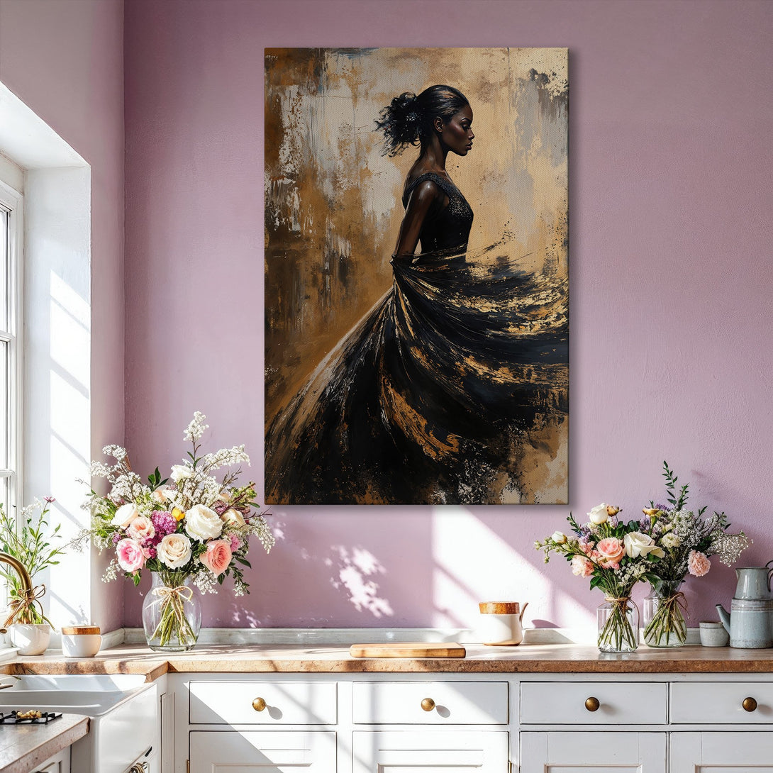 Framed Wall Art: Elegant black & gold abstract portrait canvas print. Modern decor with a neutral color palette, perfect for living room or bedroom.