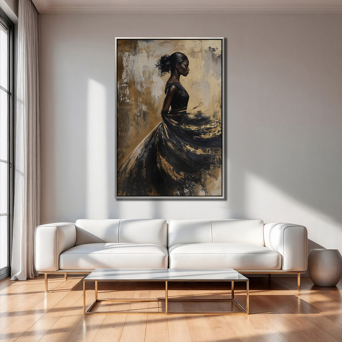 Framed Wall Art featuring an elegant woman in a black dress, abstract style with gold and black tones. Perfect for modern home decor.