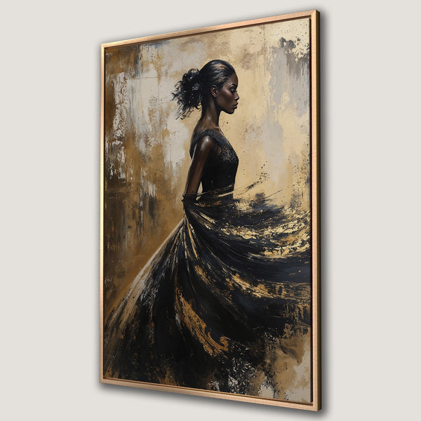 Framed Wall Art: Elegant woman in black gown, abstract art style with gold and black color palette. Perfect for modern home decor.