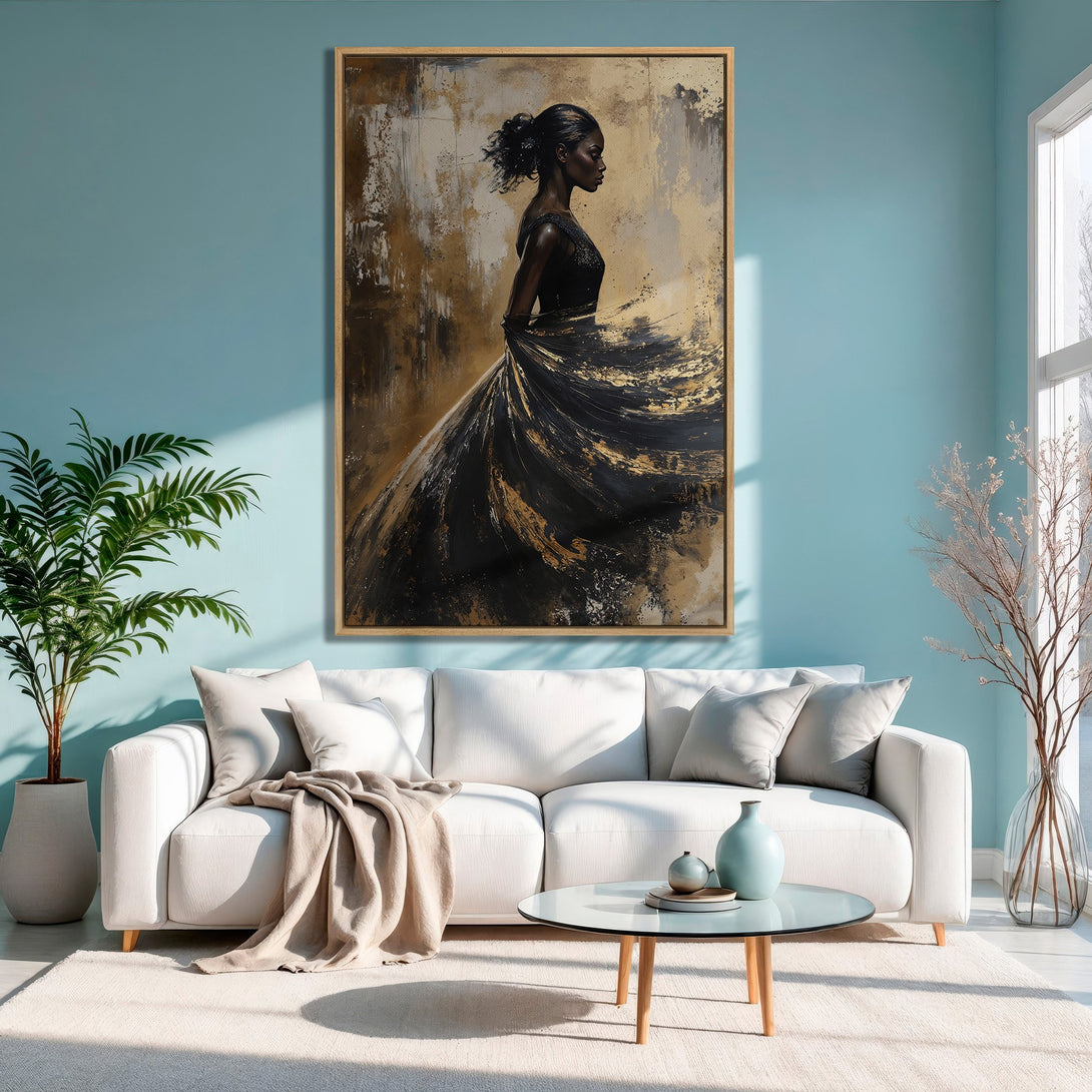 Framed Wall Art of elegant woman in black dress, abstract style with gold and black tones. Perfect for modern interior decor, adds sophistication.