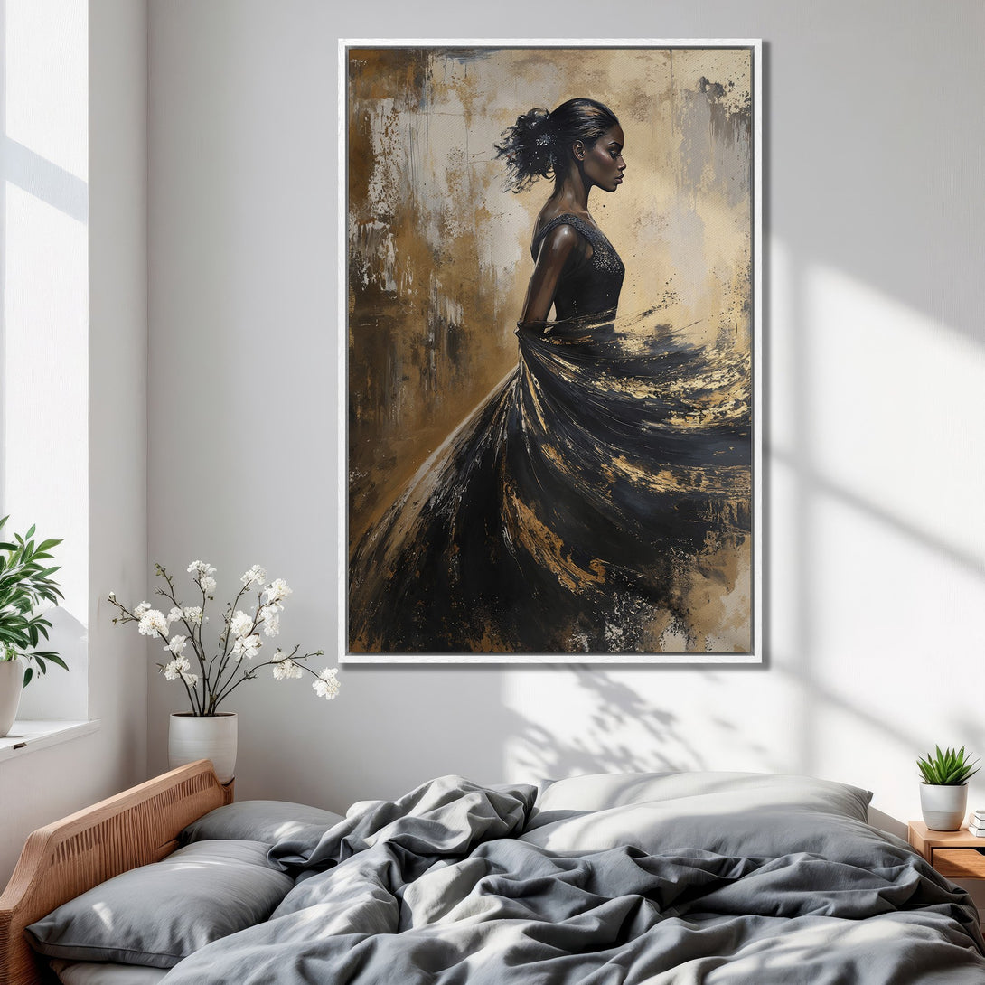 Framed Wall Art featuring an elegant woman in a black dress, abstract style, with gold and black tones. Perfect bedroom decor.