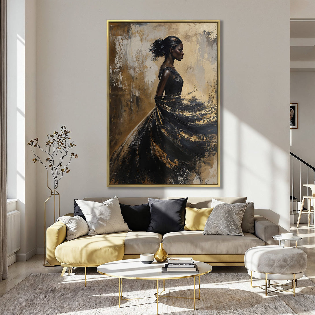 Canvas Print of a woman in a flowing black dress, abstract style, with a gold and black color palette. Perfect for interior decor.