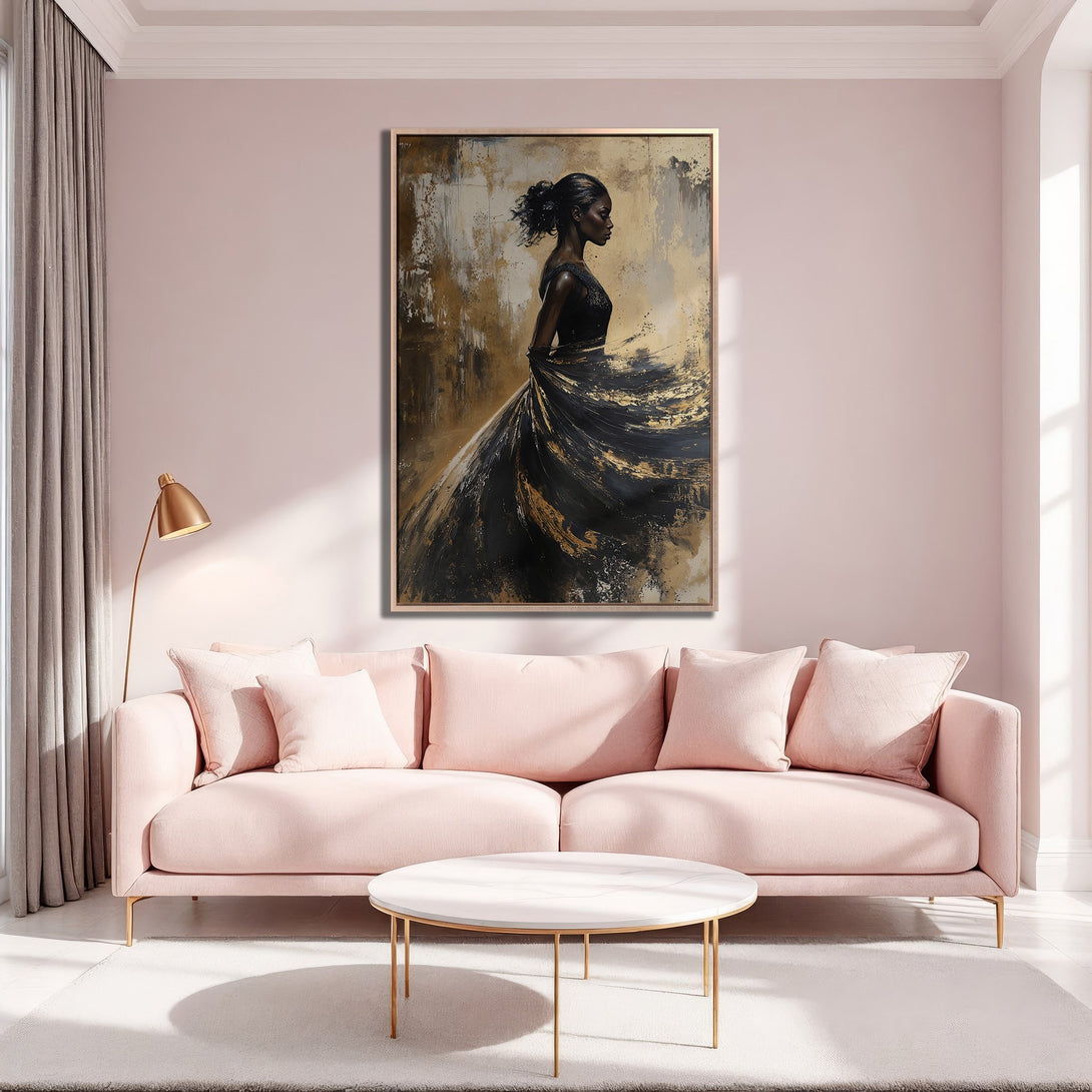 Framed Wall Art featuring an elegant woman in a black dress, abstract style with gold accents. Perfect for adding a touch of sophistication to your living room.