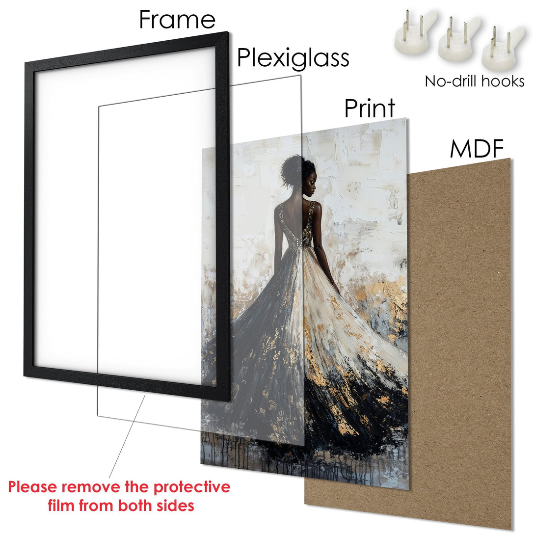 Framed Poster featuring an elegant woman in a dress, abstract style, neutral and gold color palette. Perfect wall art!
