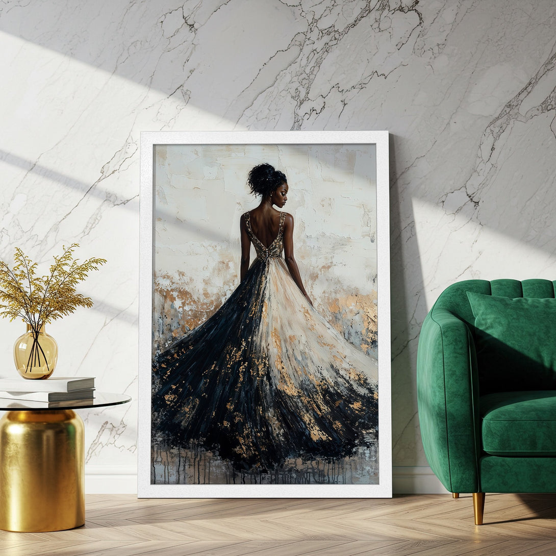 Framed Poster of elegant woman in black & gold dress, abstract art style, neutral & gold color palette. Perfect wall decor!