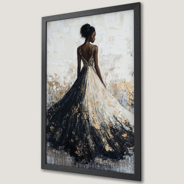 Framed Poster: Elegant woman in black & white gown, abstract style, gold accents. Stunning wall art decor.