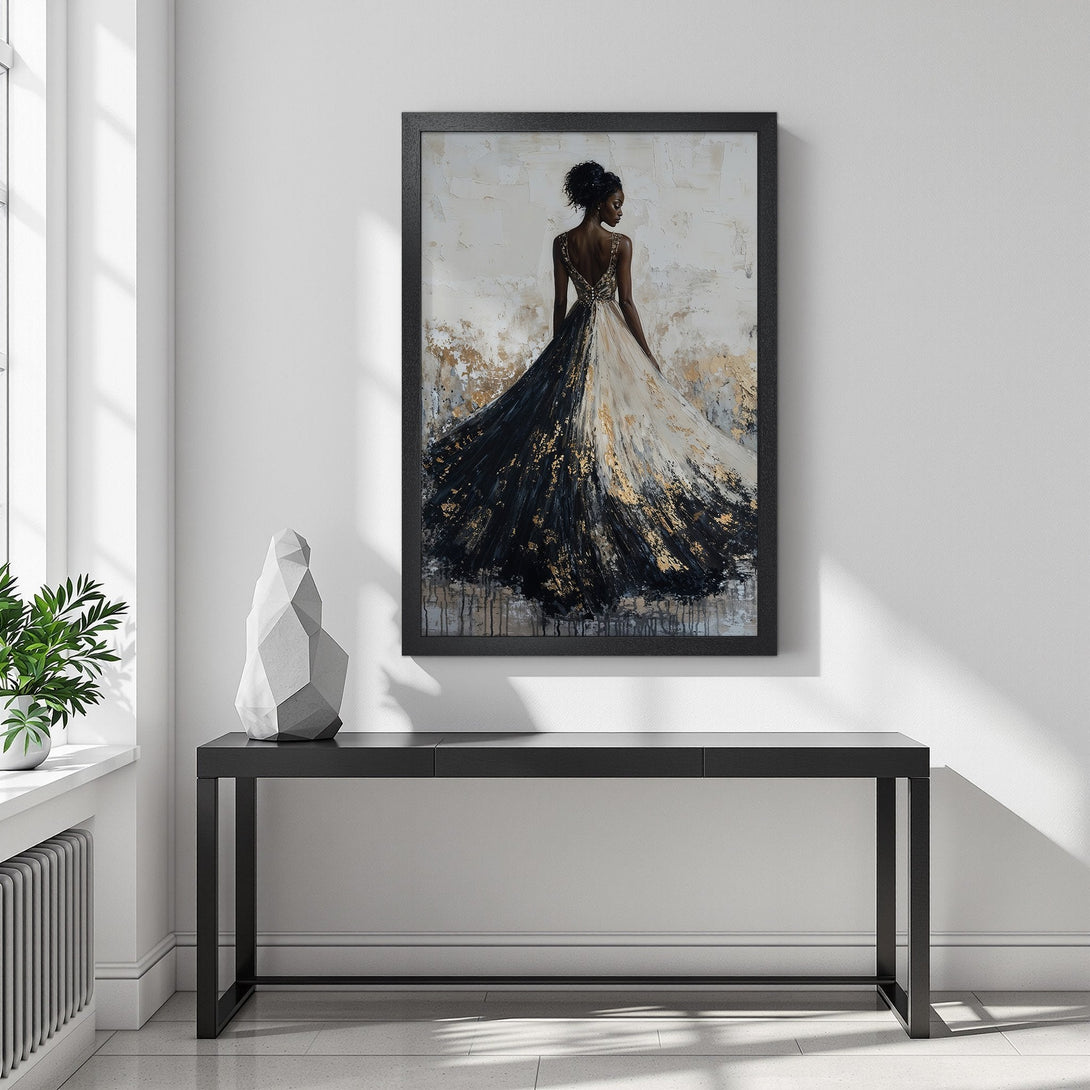 Framed Poster featuring a woman in a flowing gown, abstract style, black, white, and gold color palette. Elevate your space!
