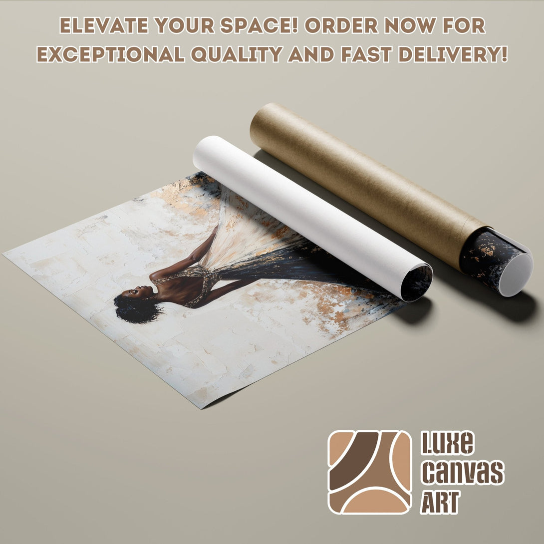 Poster Roll featuring an elegant woman in a black and gold dress, art print, neutral color palette. Order now!