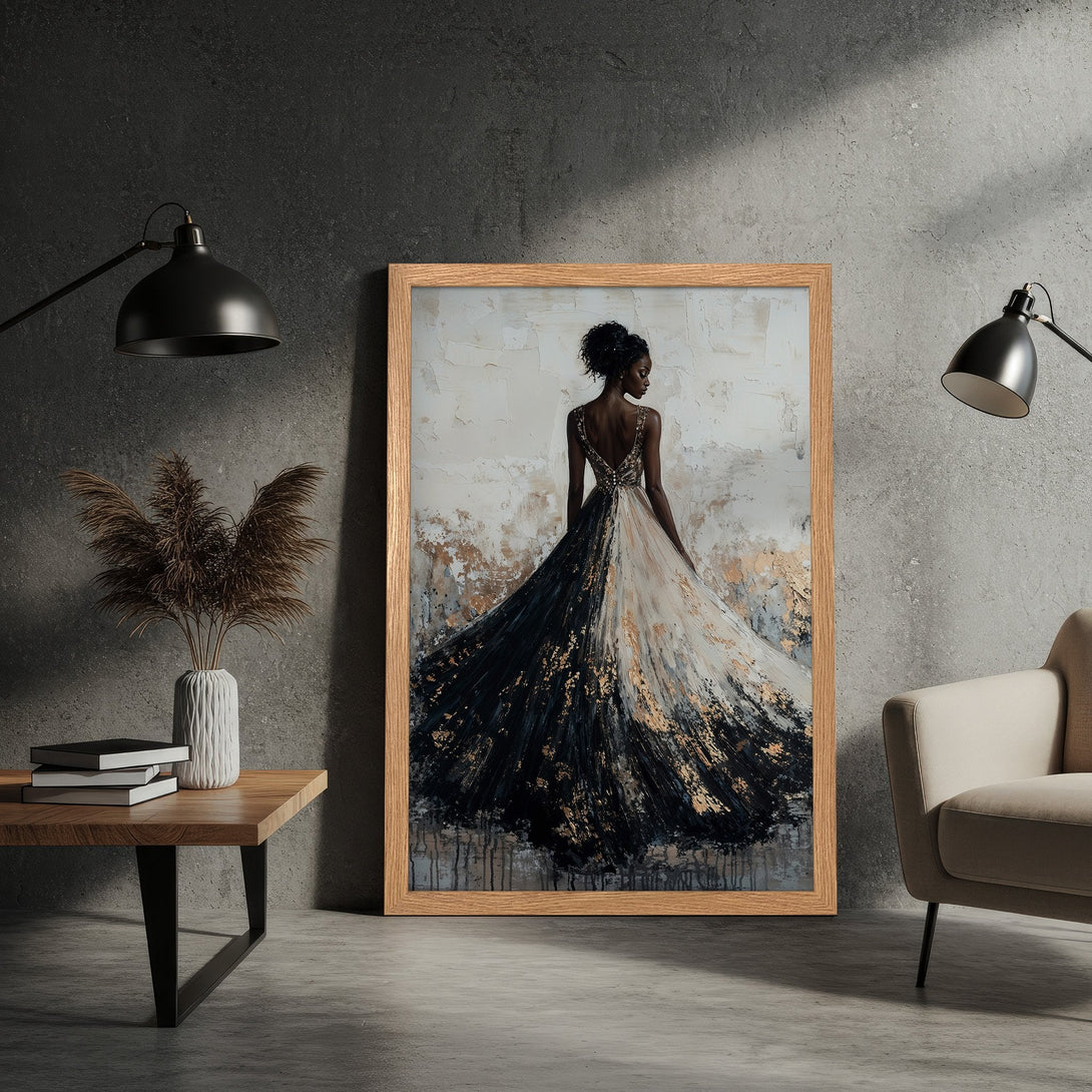 Framed Poster featuring a woman in a gown. Abstract style with black, white, and gold color palette. Perfect wall art!