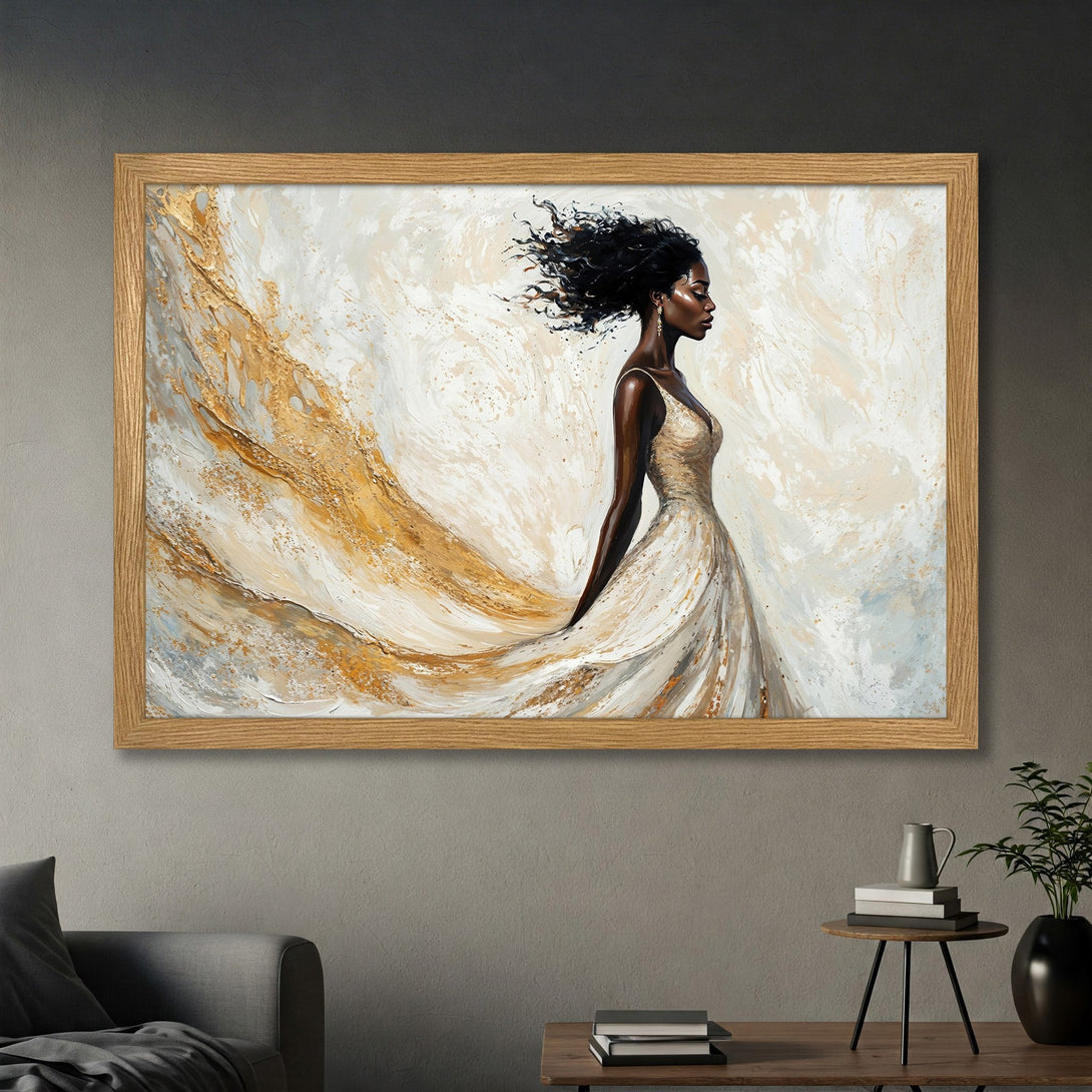 Framed Poster featuring a woman in a flowing white dress, abstract art style with gold and neutral color palette. Perfect wall decor!