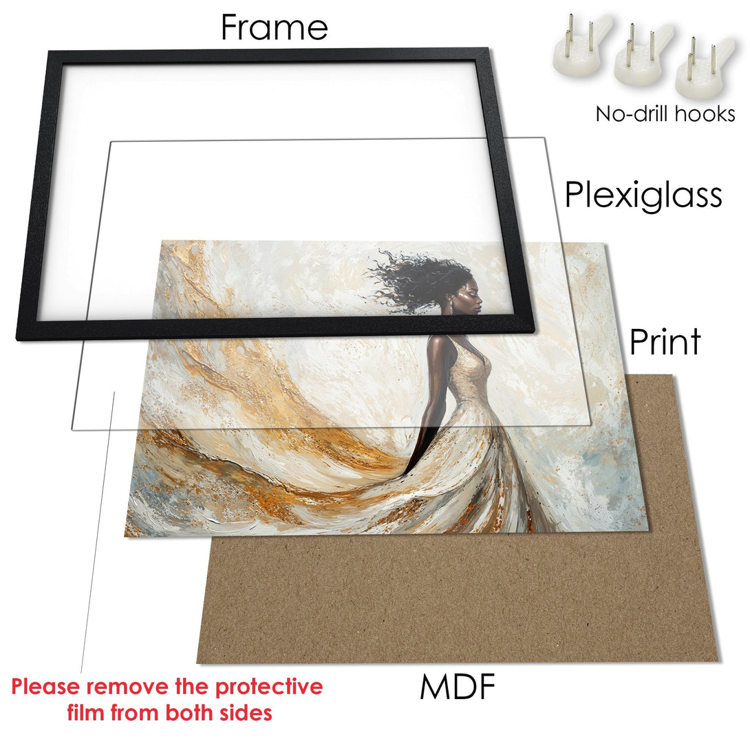 Framed Poster featuring an elegant woman in a flowing gown. Artistic style with a neutral, gold, and blue color palette. Perfect wall art!
