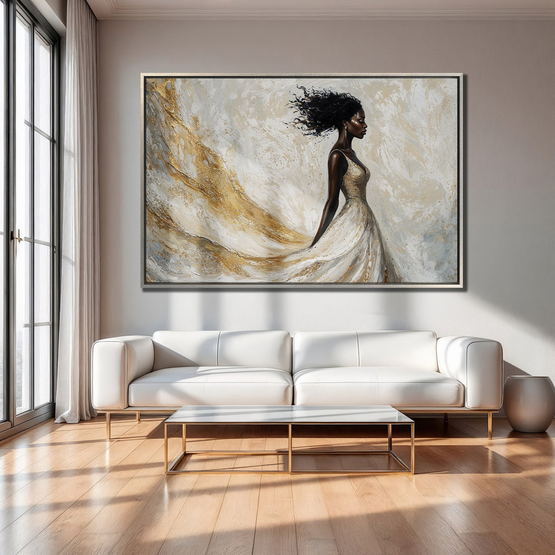 Framed Wall Art of an elegant woman in a flowing gown. Abstract style with gold, white, and gray color palette. Perfect for modern home decor.