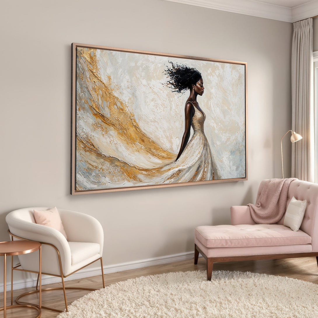 Framed Wall Art: Elegant woman in flowing gown, abstract style. Neutral & gold palette. Perfect for adding sophistication to your home decor.