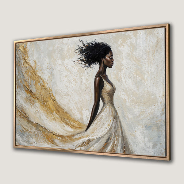Framed Wall Art: Elegant woman in flowing gown, abstract style, with gold and neutral color palette. Perfect for adding a touch of luxury to your space.