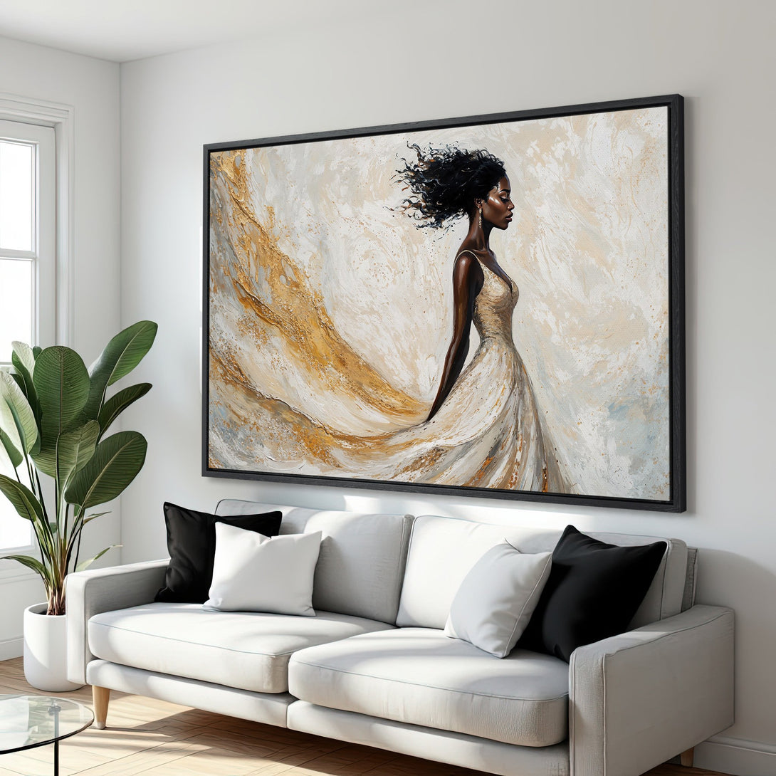 Framed Wall Art: Elegant woman in flowing gown, abstract style, gold & cream palette. Perfect for modern home decor. Elevate your space with this stunning canvas print.