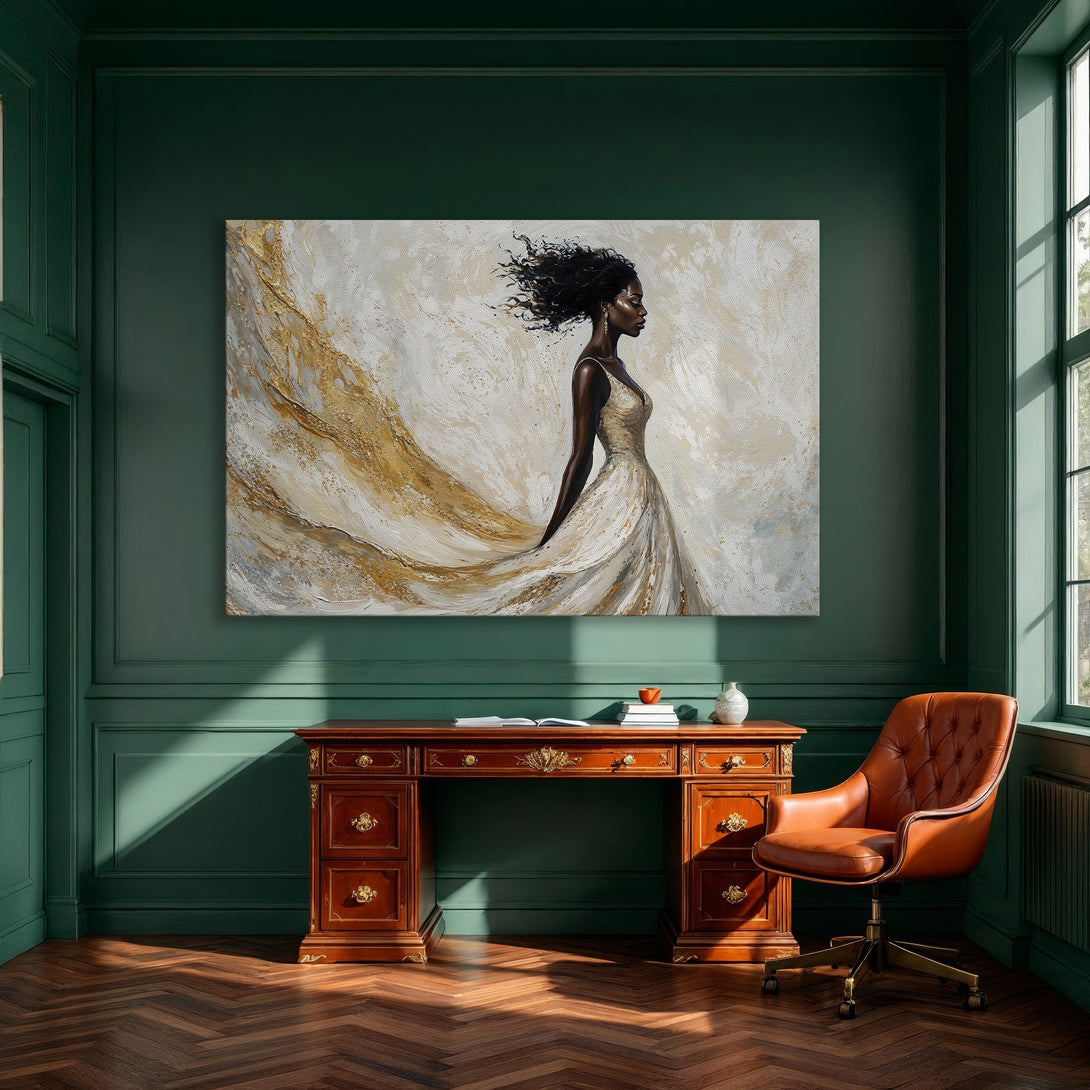 Framed Wall Art featuring an elegant woman in a flowing dress. Abstract style with gold and cream color palette, perfect for modern interior design.