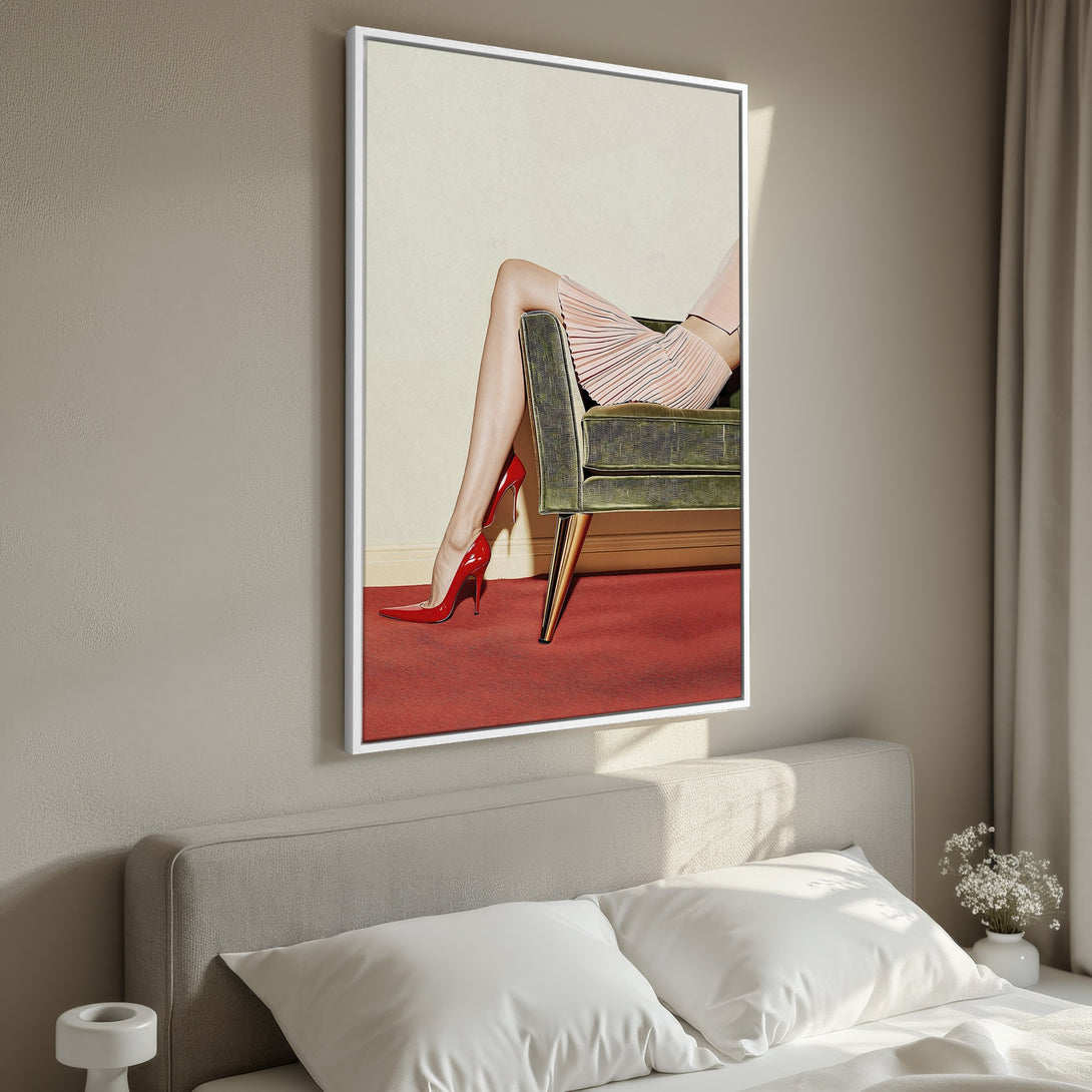 Framed Wall Art: Stylish canvas print featuring a woman in red heels, blush skirt, and green chair. Modern art with a neutral and red color palette. Elevate your space!