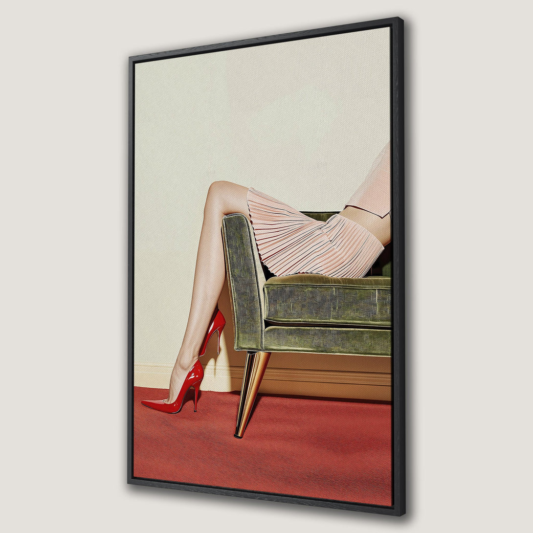Framed Wall Art: Stylish Canvas Print featuring a woman in red heels, soft pink outfit, and green velvet chair. Modern art with a warm color palette.