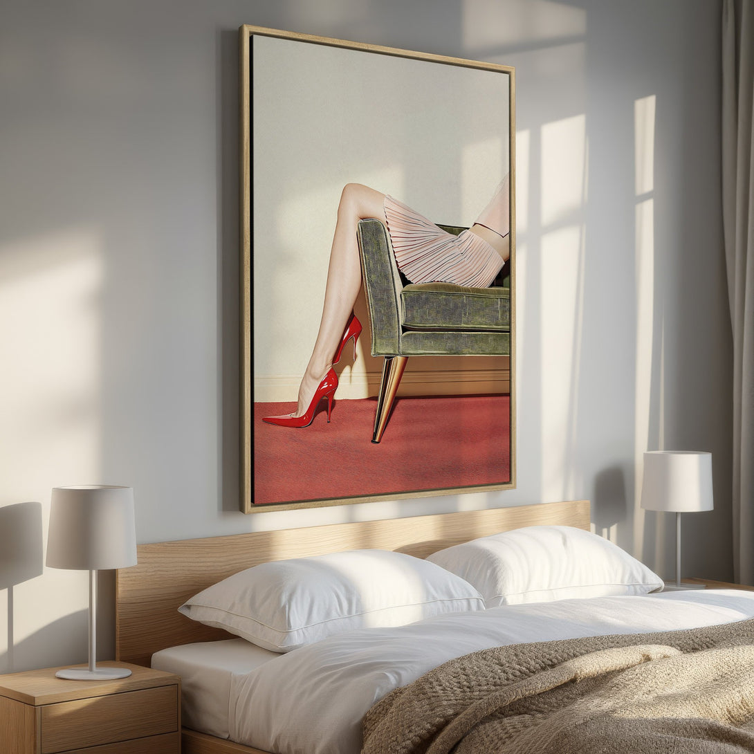 Framed Wall Art: Stylish legs in red heels. Modern art in a bedroom setting. Neutral tones with a pop of red. Elevate your space with this chic canvas print.