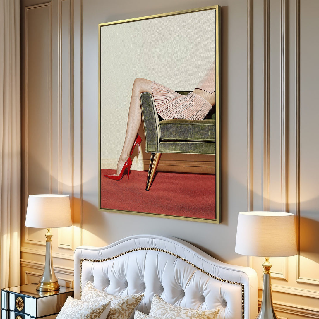 Canvas Print of woman in red heels, modern style, with a blush and red color palette, perfect for chic home decor.