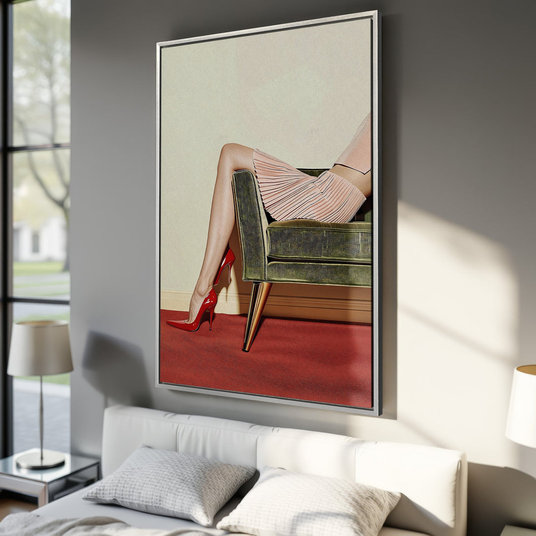 Framed Wall Art: Fashionable legs in red heels, seated on a green velvet chair, blush pink skirt. Modern art with a red, pink, and green color palette.