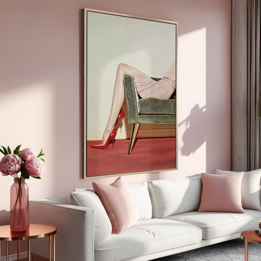 Framed Wall Art featuring legs & red heels. Modern, stylish decor in a blush pink & red color palette. Perfect for adding elegance to any room.