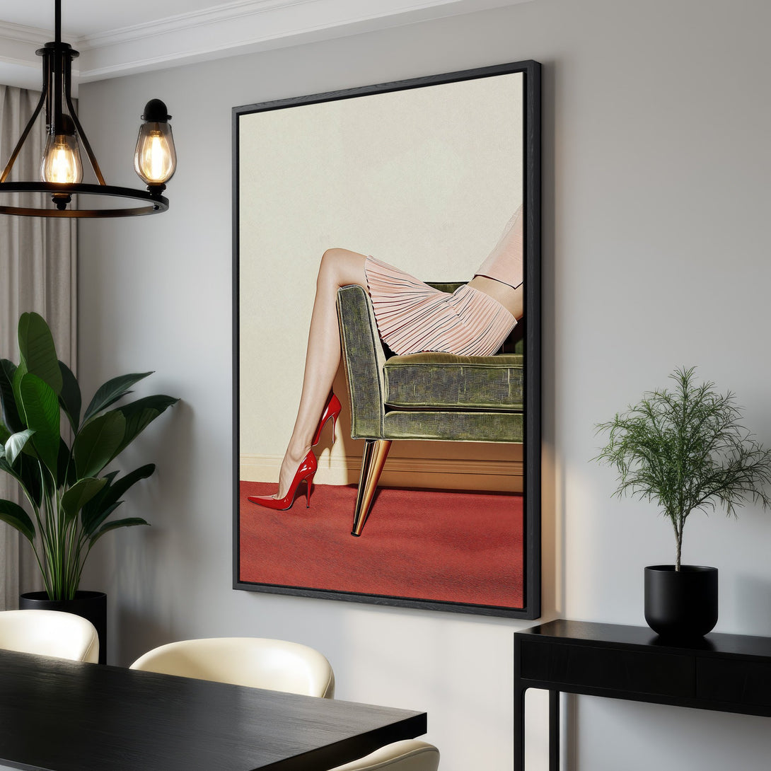 Framed Wall Art featuring a stylish woman in red heels, modern style, with a blush and red color palette. Perfect for a chic interior.