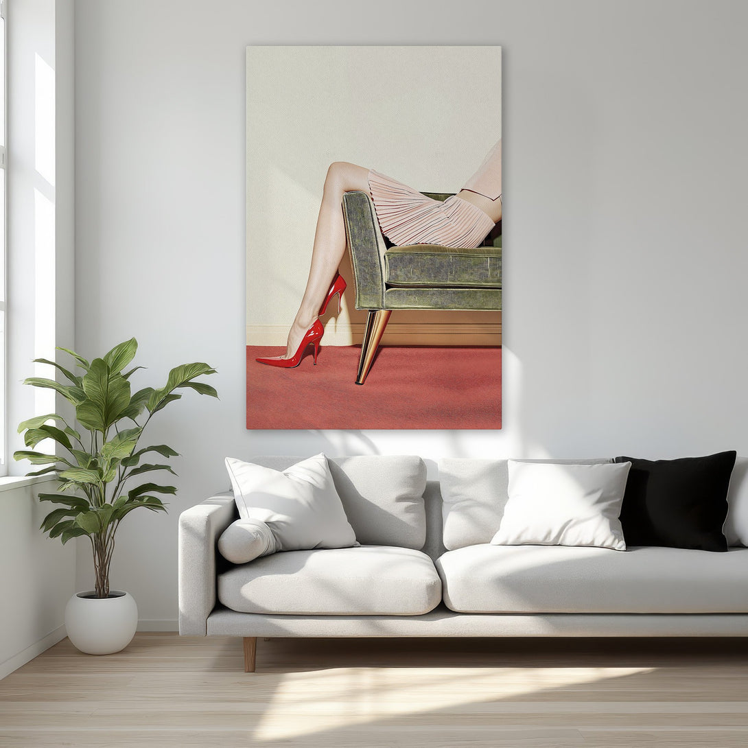 Framed Wall Art featuring a woman's legs in red heels, set in a glamorous interior. Soft pinks, greens, and red hues create a chic, modern aesthetic.
