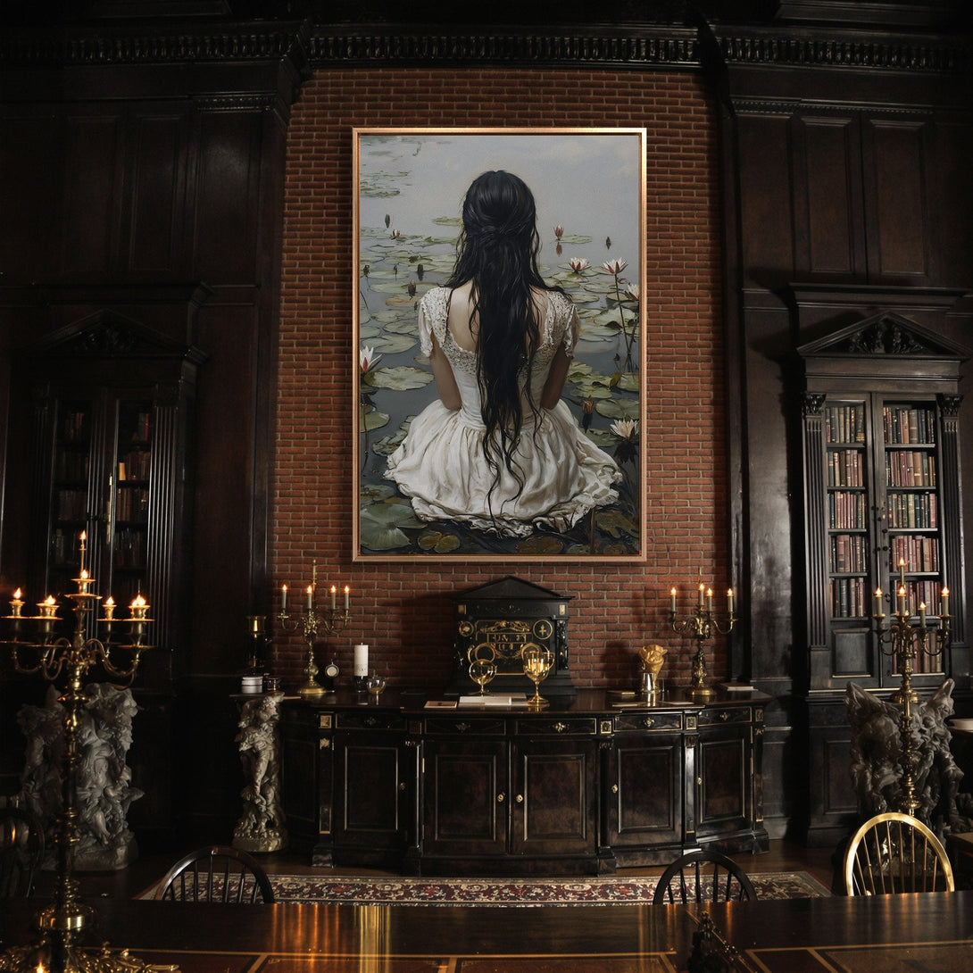 Framed Wall Art: Woman with flowing black hair and orange flowers. Artistic style with warm color palette, perfect for bedroom decor.