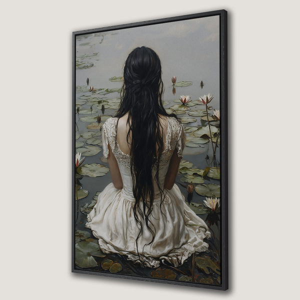 Framed Wall Art: Elegant portrait of a woman with long black hair and orange flowers, Art Nouveau style, warm color palette. Perfect for home decor.