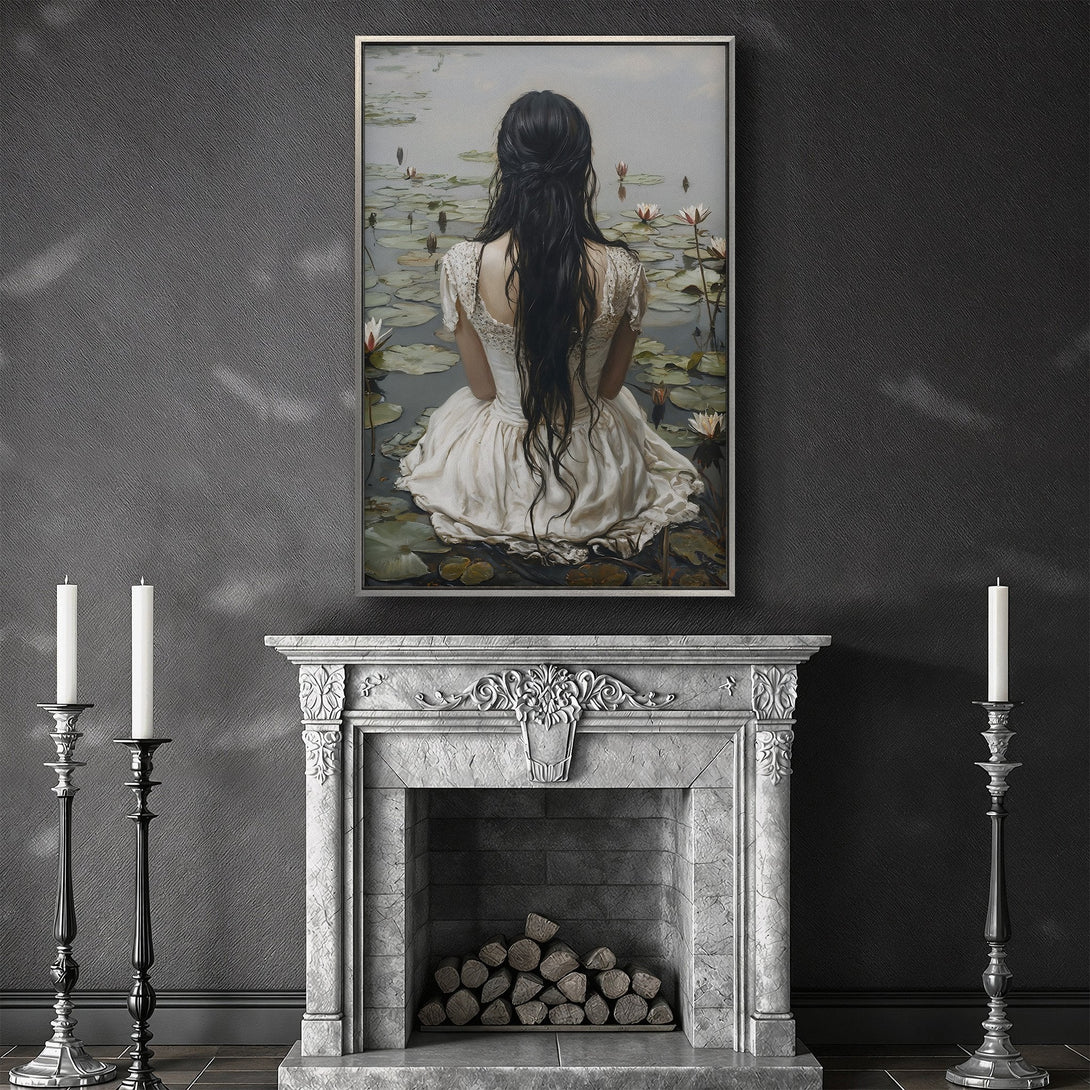 Framed Wall Art: Elegant portrait of a woman with flowers, in a modern interior. Features a neutral palette with pops of orange. Perfect for home decor.
