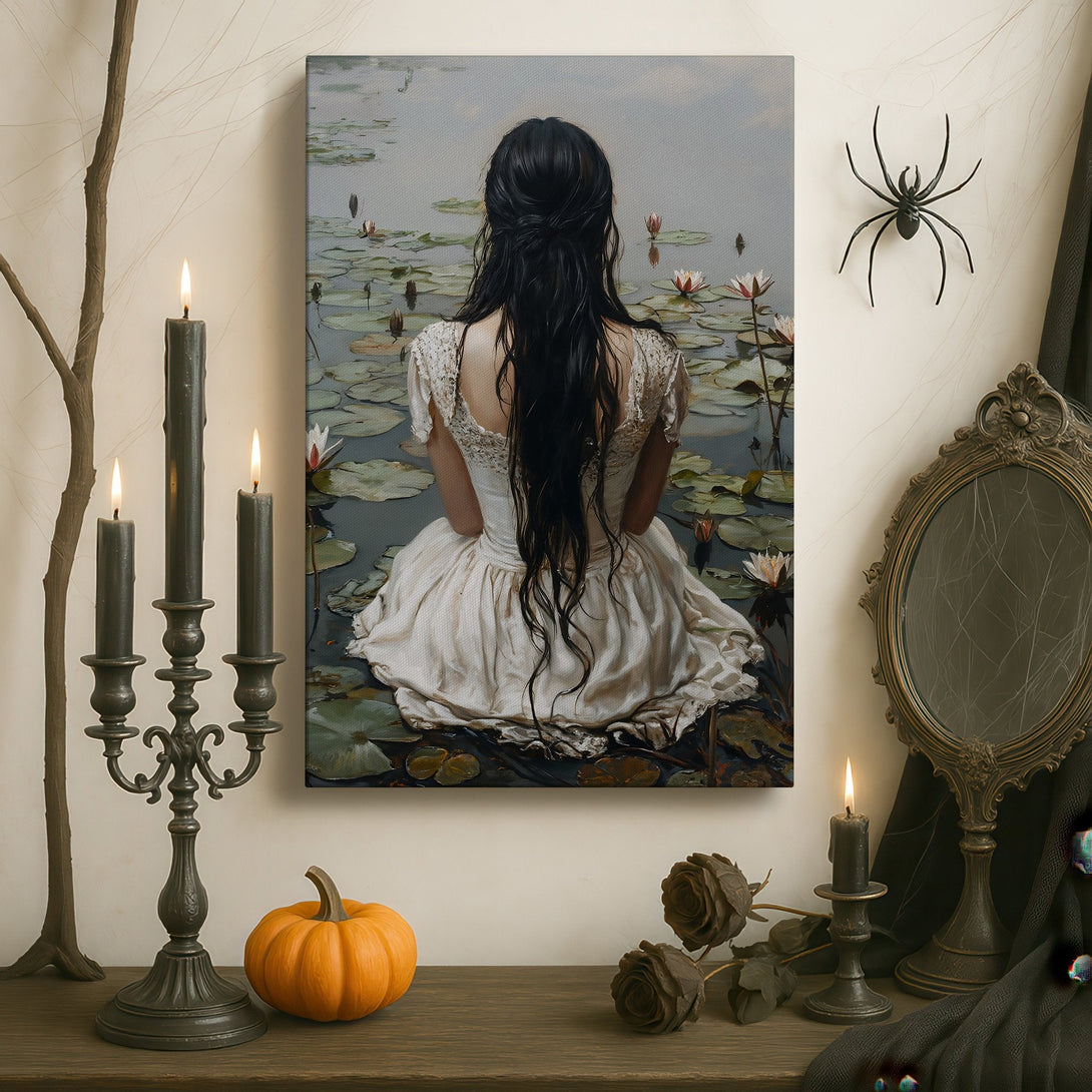 Framed Wall Art: Woman with flowing hair and floral accents, in warm orange and black tones. Modern art canvas print perfect for any living space.