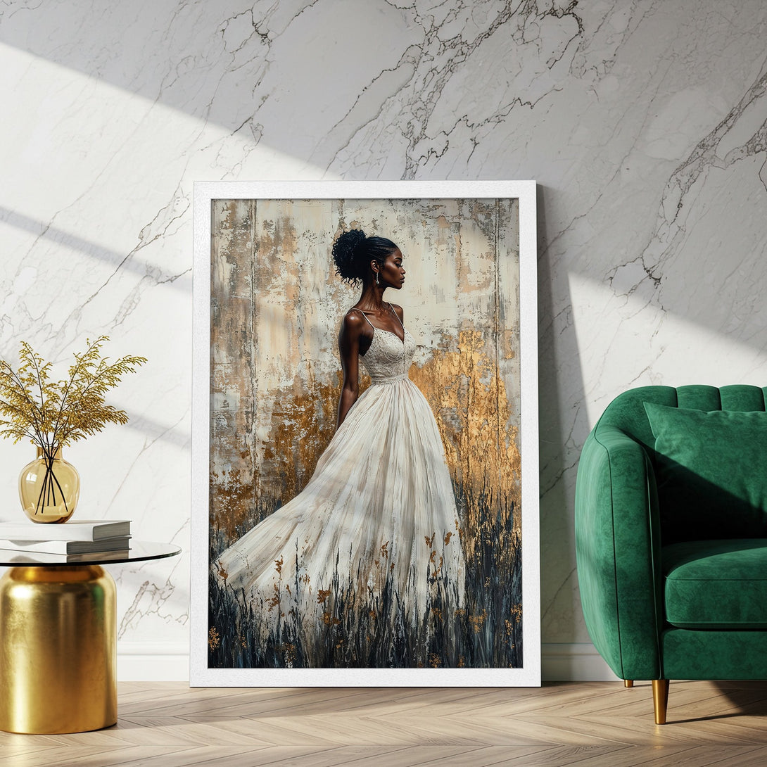 Framed Poster featuring an elegant woman in a white dress, artistic style with gold and neutral tones. Perfect wall art for any space.