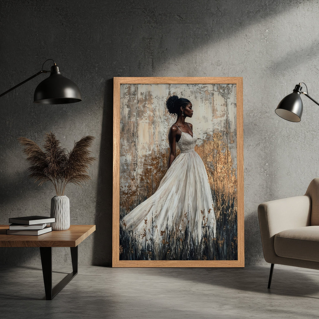 Framed Poster featuring a woman in a white dress, artistic style with gold and neutral tones. Perfect wall art for your home!
