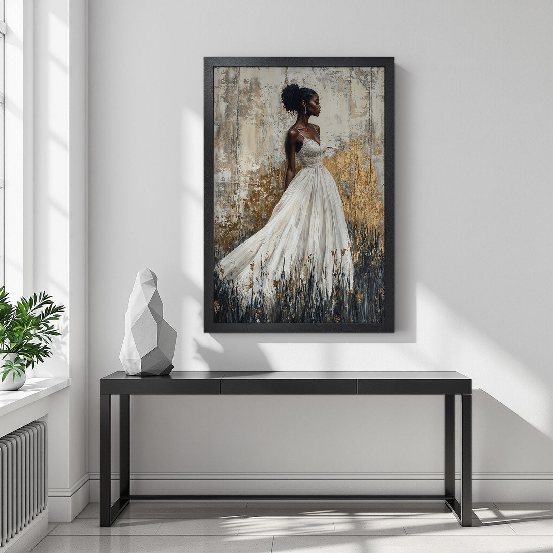 Framed Poster featuring an elegant woman in a white dress, art style with gold and neutral tones. Perfect wall art!