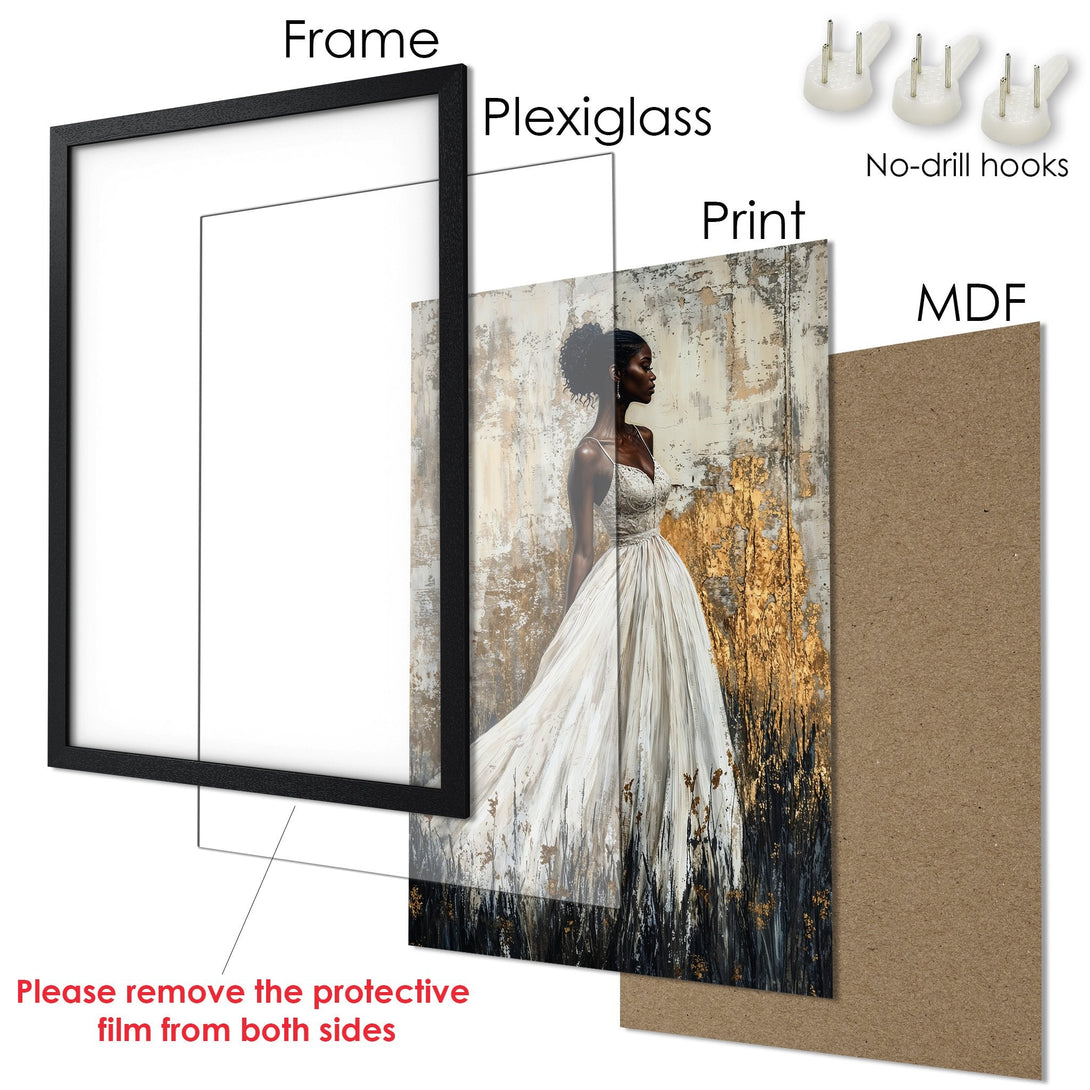 Framed Poster featuring an elegant woman in a white dress, with a gold and neutral color palette. Perfect art for your home decor!