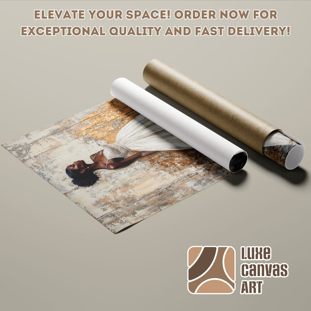 Poster Roll featuring a woman in a dress, abstract style, neutral color palette. Elevate your space!
