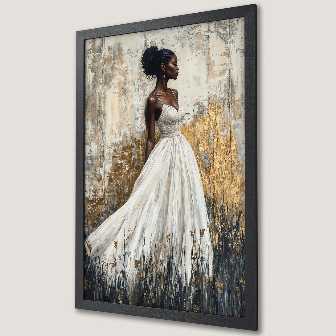 Framed Poster of elegant woman in white dress, abstract style with gold & neutral tones. Perfect wall art for your home.