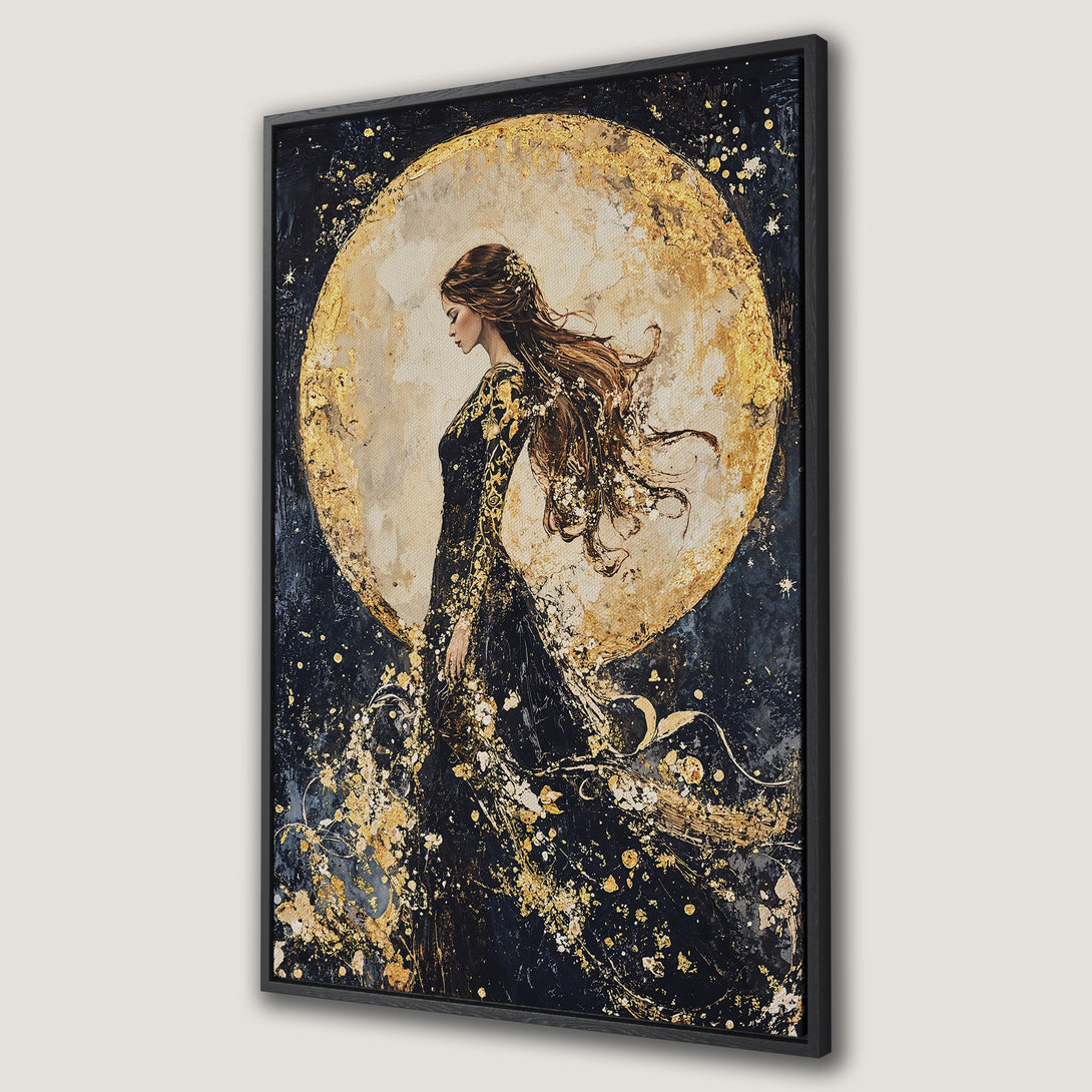 Framed Wall Art featuring a woman in a black dress against a golden moon. Elegant, abstract style with a dark, gold, and cream color palette. Perfect wall decor.