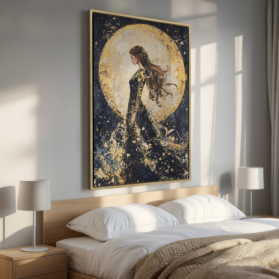 Framed Wall Art: Elegant woman in black & gold abstract art. Perfect bedroom decor. Modern canvas print with a dark, moody color palette. Shop now!