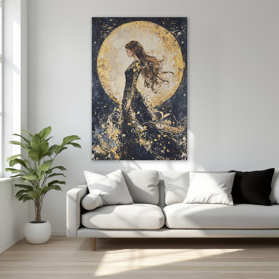 Framed Wall Art featuring a woman against a golden moon. Elegant, abstract style with a black, gold, and beige color palette. Perfect for bedroom decor.