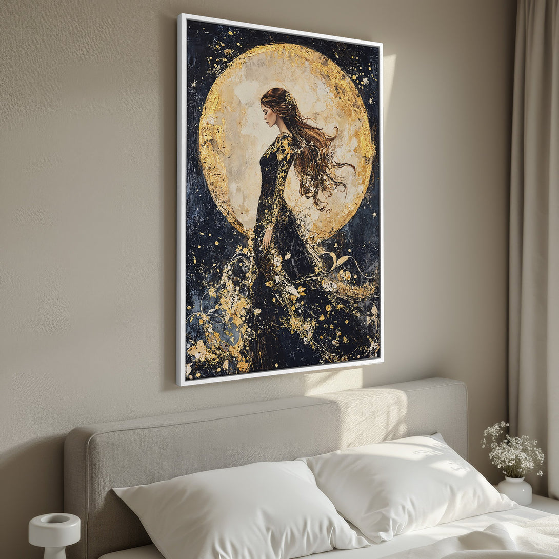 Framed Wall Art: Elegant woman in a black dress against a golden moon, artistic style. Dark blue, gold, and neutral color palette. Perfect bedroom decor.