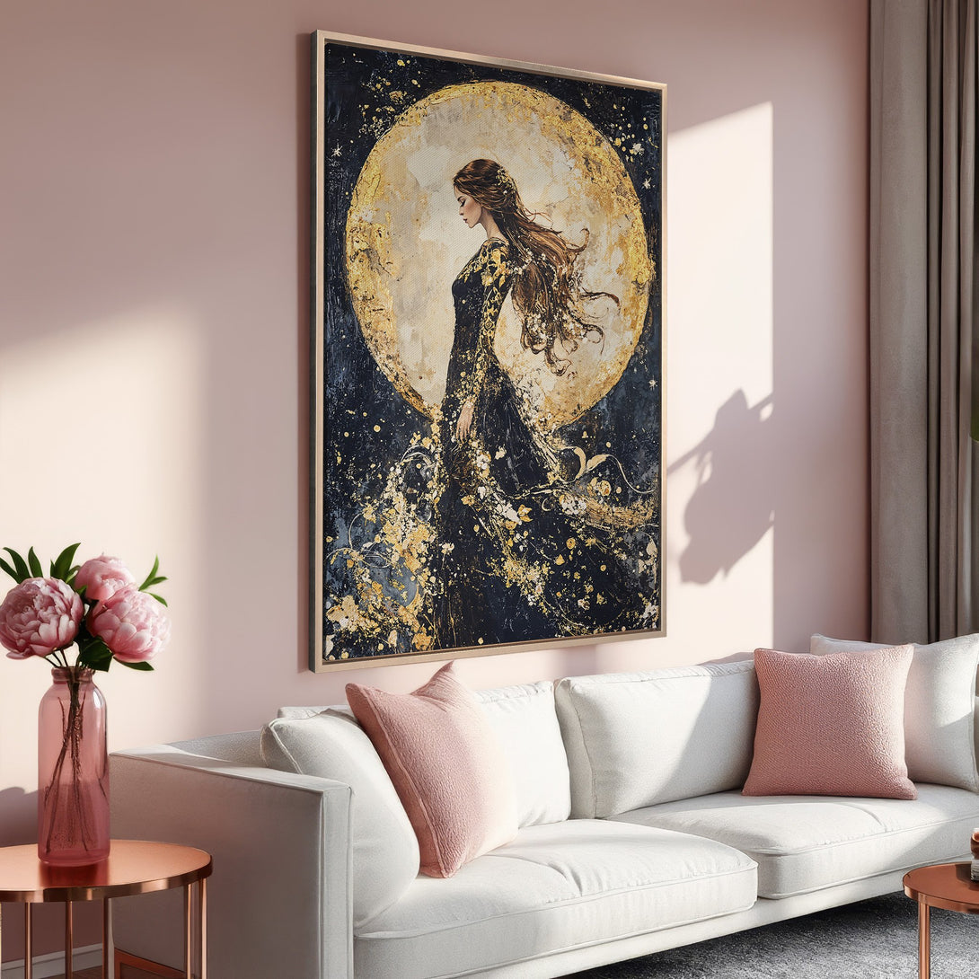 Framed Wall Art featuring a woman in a gold and black abstract style. Adds elegance to any interior. Soft pink and gold color palette.
