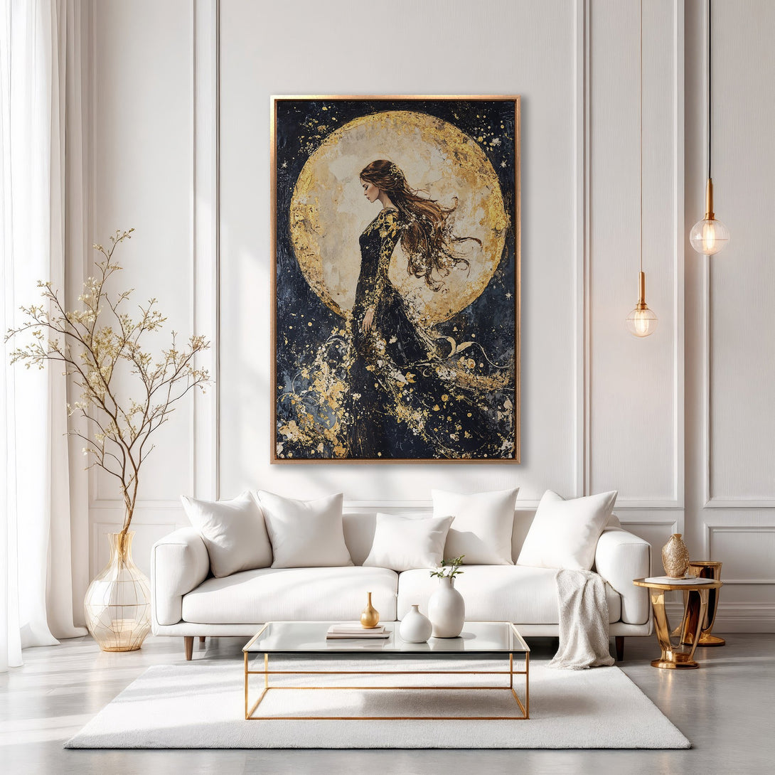Framed Wall Art: Elegant woman painting in gold and black. Modern canvas print adds sophistication to any living room. Shop now for stunning wall decor!